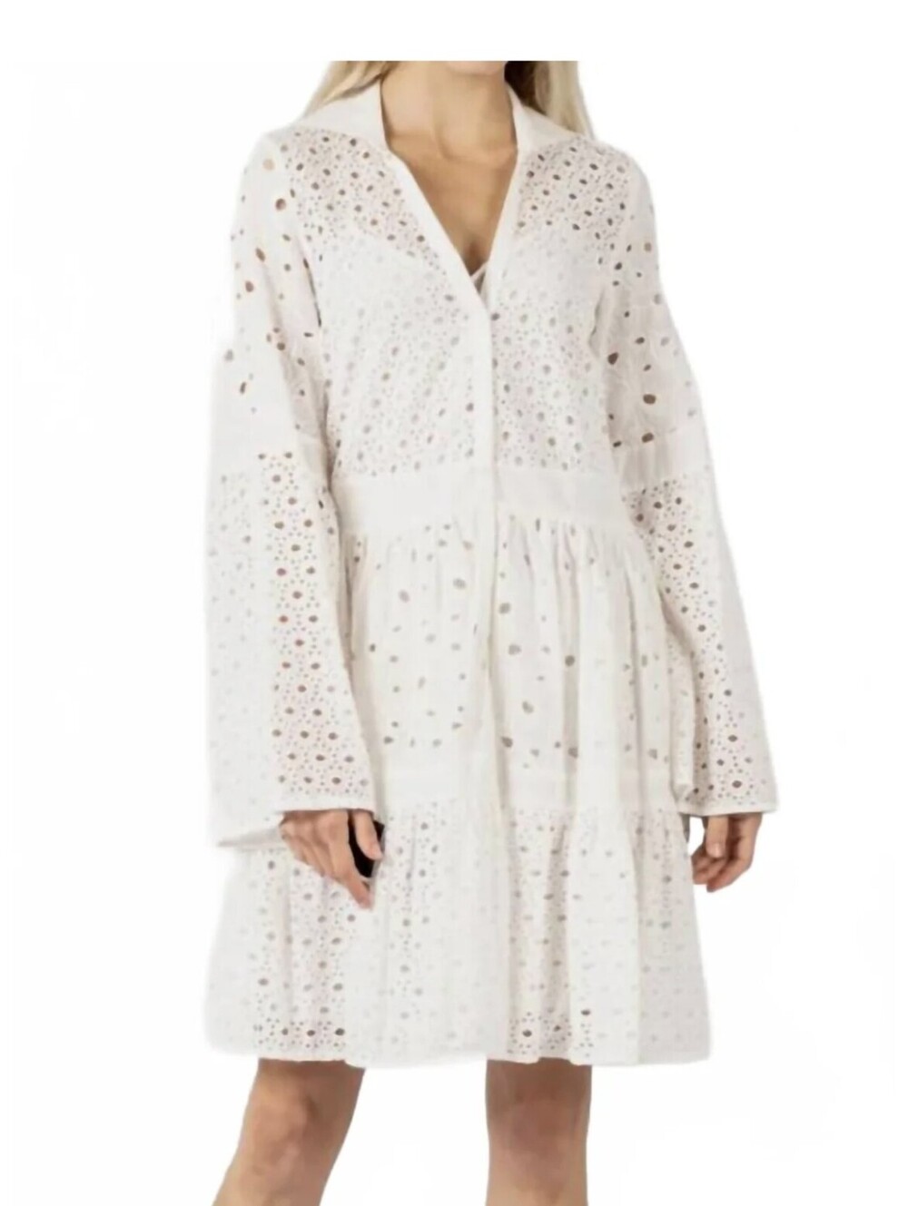 NWT PINKO ANACAPRI WHITE COTTON EYELET EMBROIDERED TIERED MINI DRESS | SIZE S